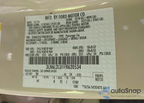 2015 Lincoln Mkz Hybrid z USA, uszkodzony, nr VIN 3LN6L2LU1FR620534